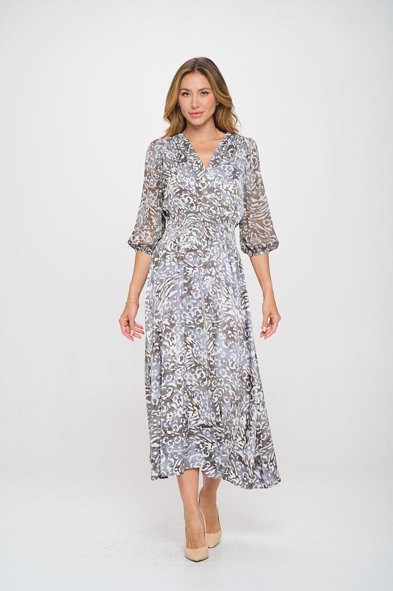 Animal Print V neck Dress with Sheer Sleeve-1