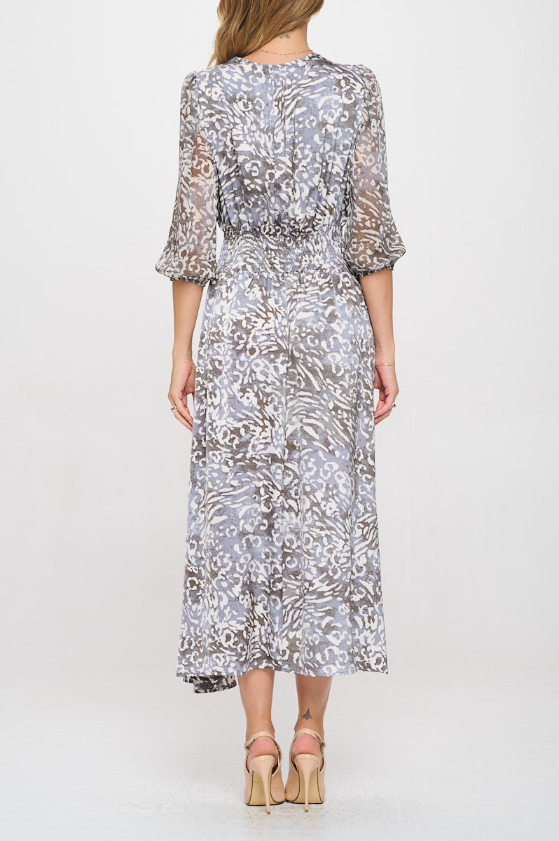 Animal Print V neck Dress with Sheer Sleeve-4
