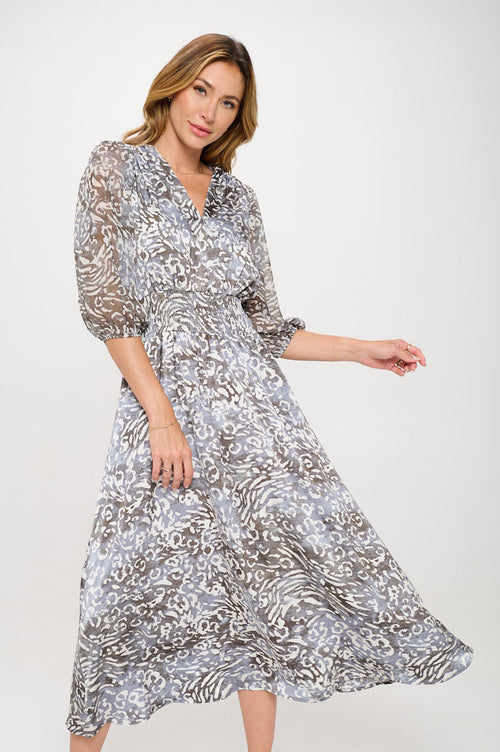 Animal Print V neck Dress with Sheer Sleeve-0